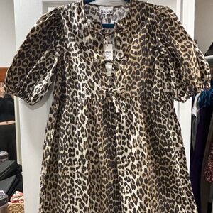 Ganni Leopard Tie-Front Puff-Sleeve Mini Dress